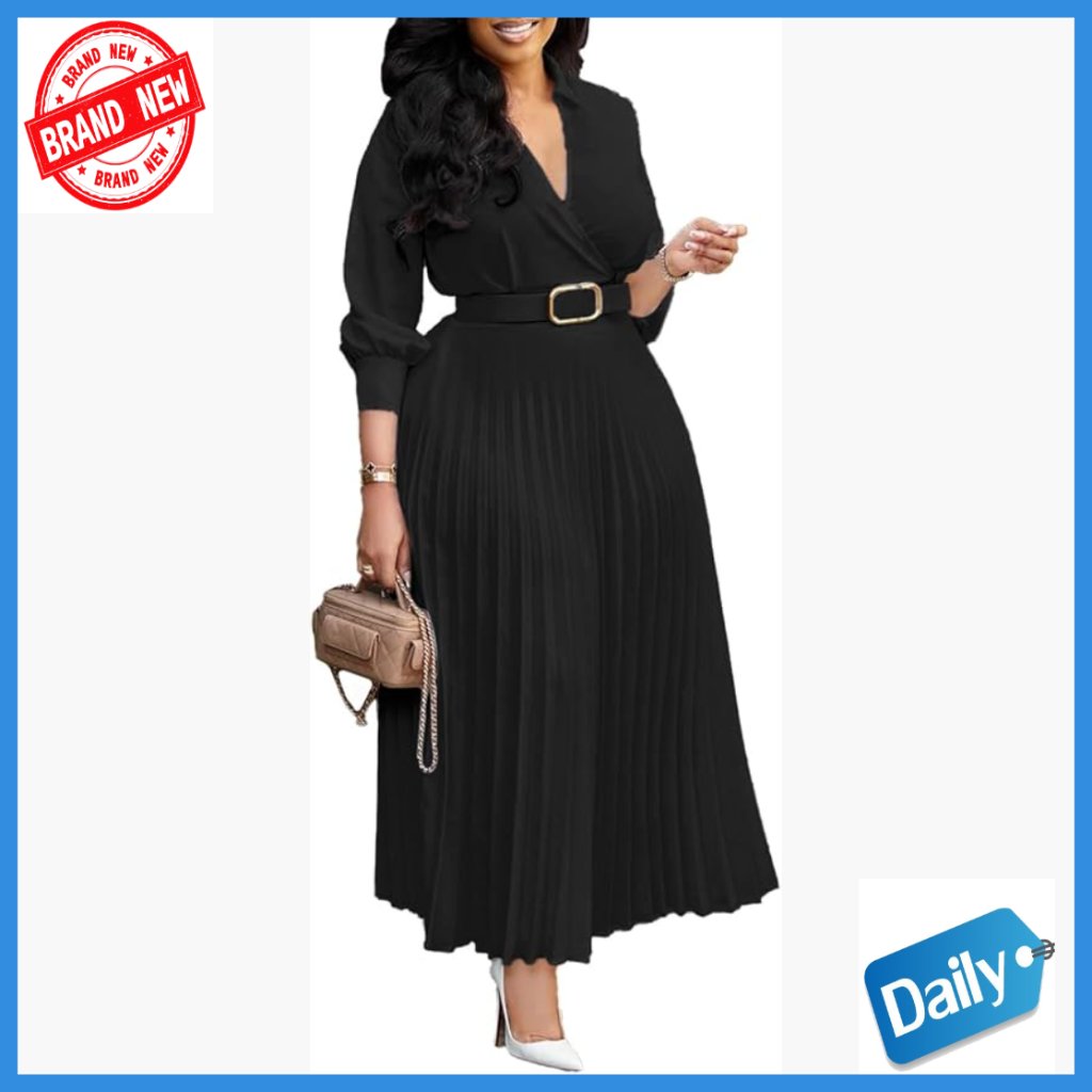 3/4 Sleeve A-Line Dress With Belt, V-Neck, Hidden Pockets, Work Office Wedding